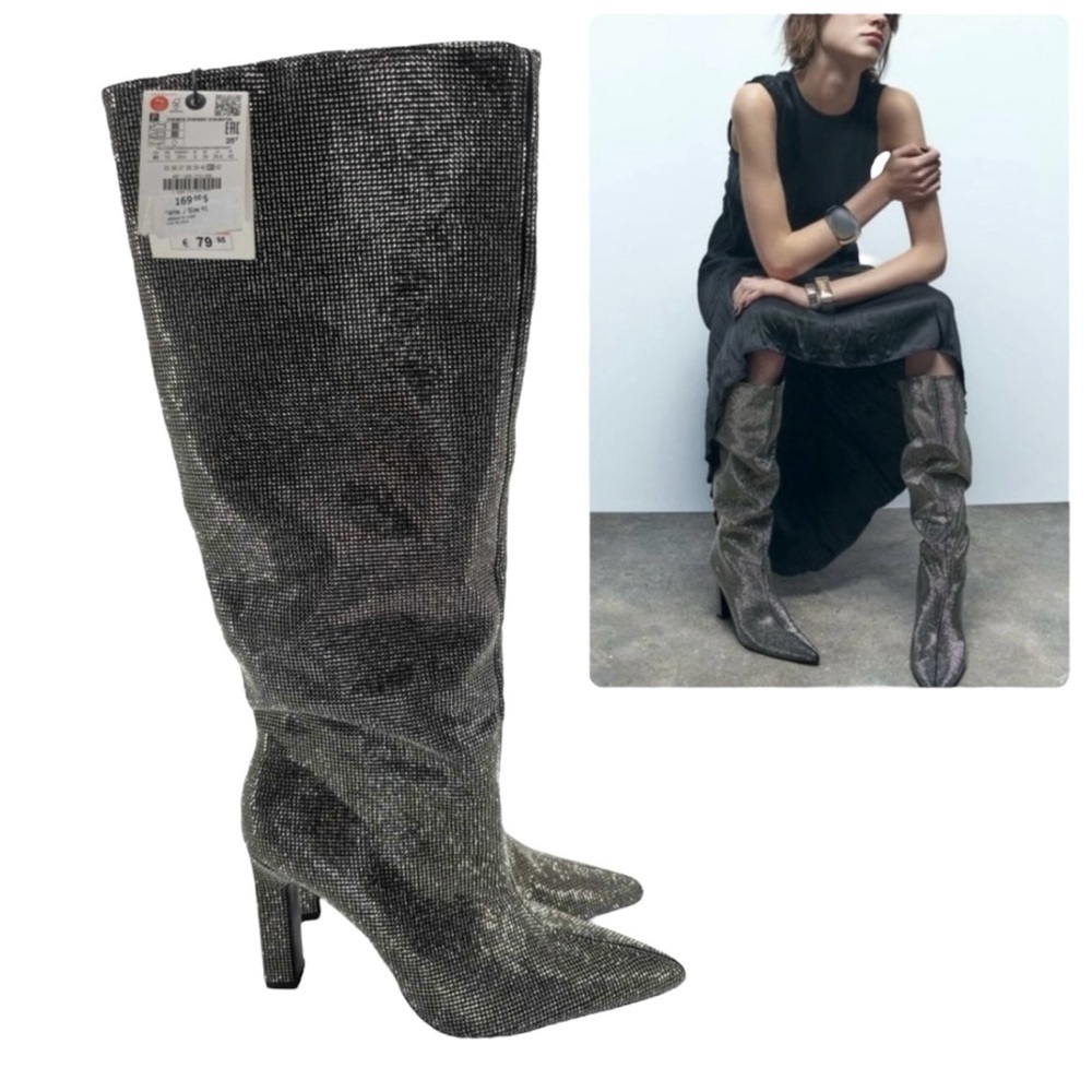Zara - Women's Rhinestone Sparkly Tall Heeled Boots -Silver/Black. Size:10 (US).